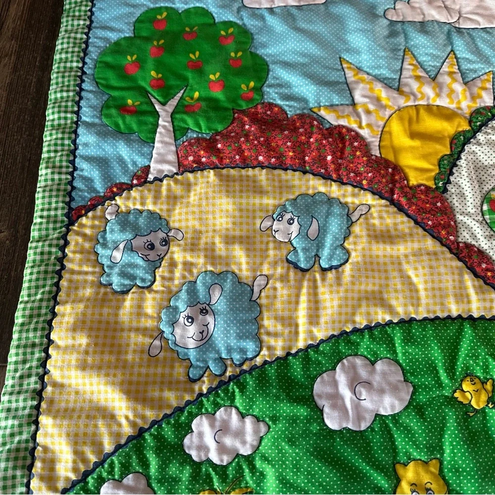 That's Our Baby green gingham lightweight quilt train flowers kids VINTAGE